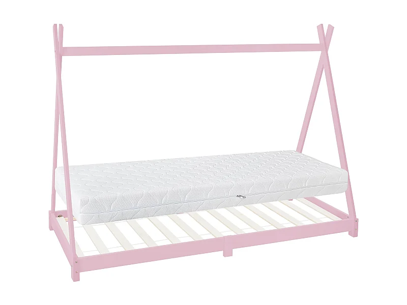 ML-Design Letto casetta tipi per bambini 90x200 cm  rosa in pino massiccio con materasso 16 cm in schiuma fredda, lettino tenda indiana montessori