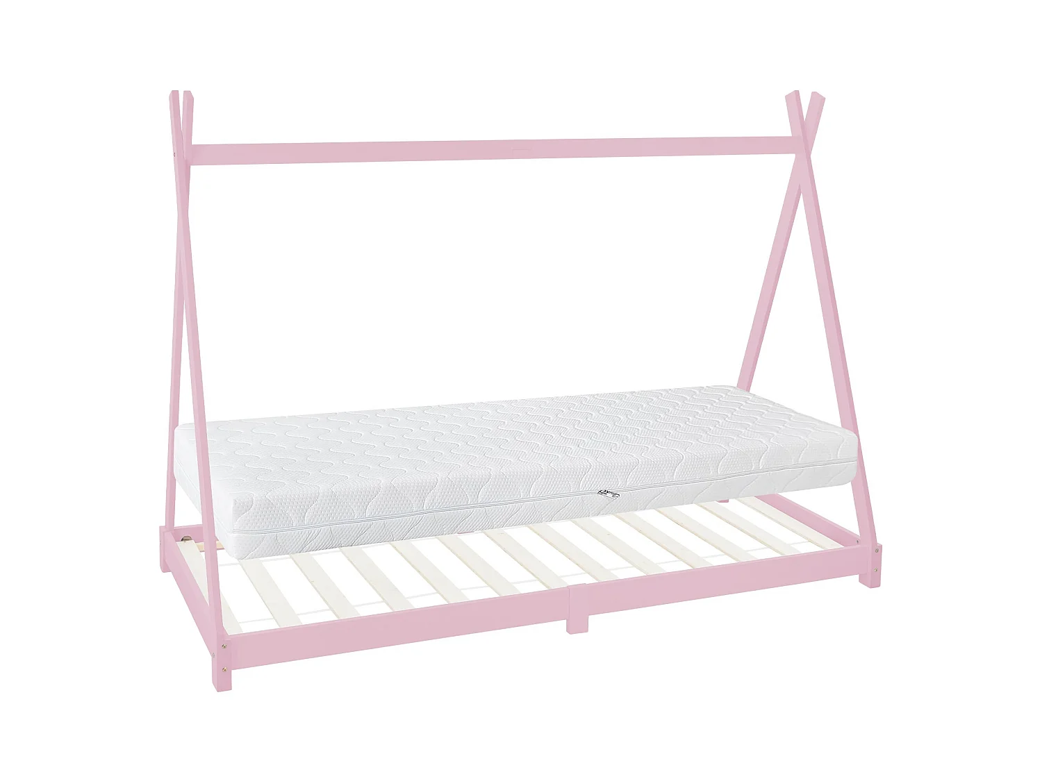 Lit d'enfants Tipi 90x200 cm rose style indien en bois de pin massif avec matelas H:16 cm housse amovible sommier à lattes d'intérieur filles garçons
