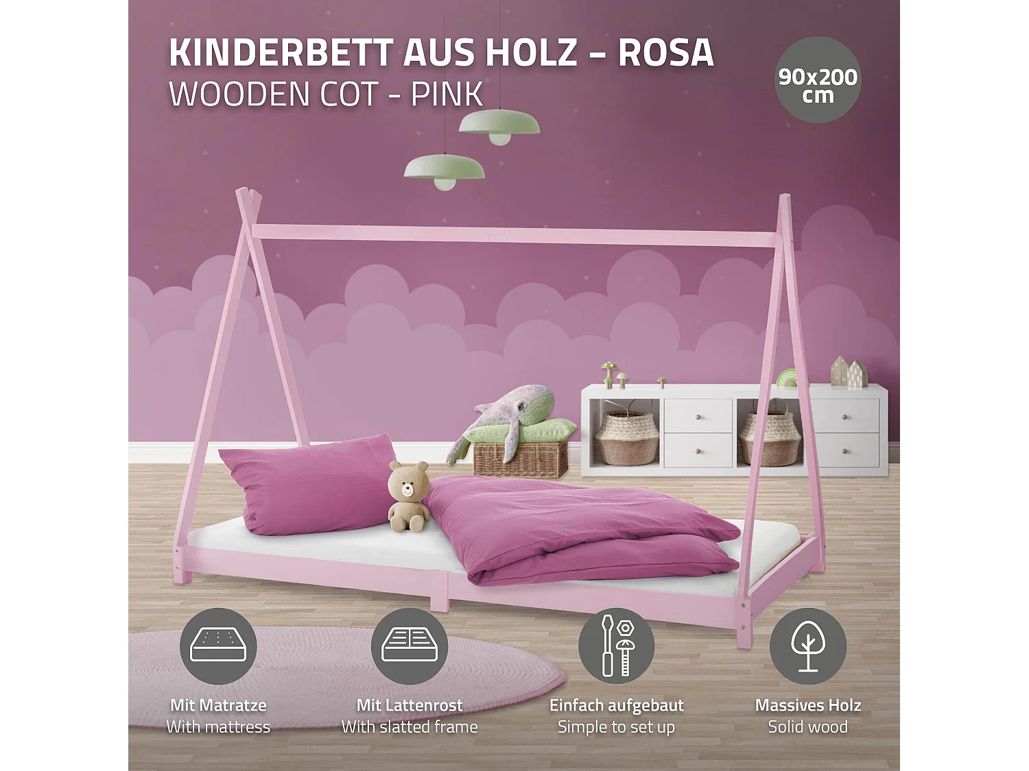 ML-Design Cama infantil tipi 90x200x16cm color rosa con colchón, protección anticaída y somier estructura de listones y techo en forma de tienda