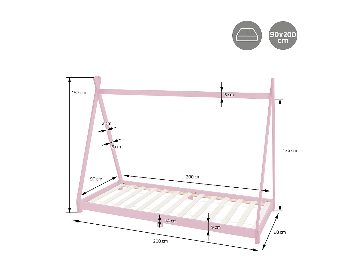 ML-Design Cama infantil tipi 90x200x16cm color rosa con colchón, protección anticaída y somier estructura de listones y techo en forma de tienda