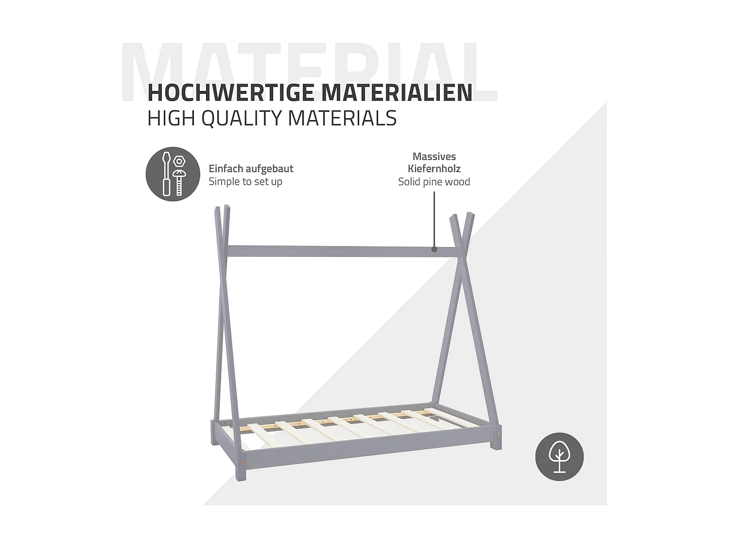 ML-Design Cama infantil tipi 80x160cm color gris claro con listones de madera de pino maciza mobiliario forma de casa tienda de campaña para niños