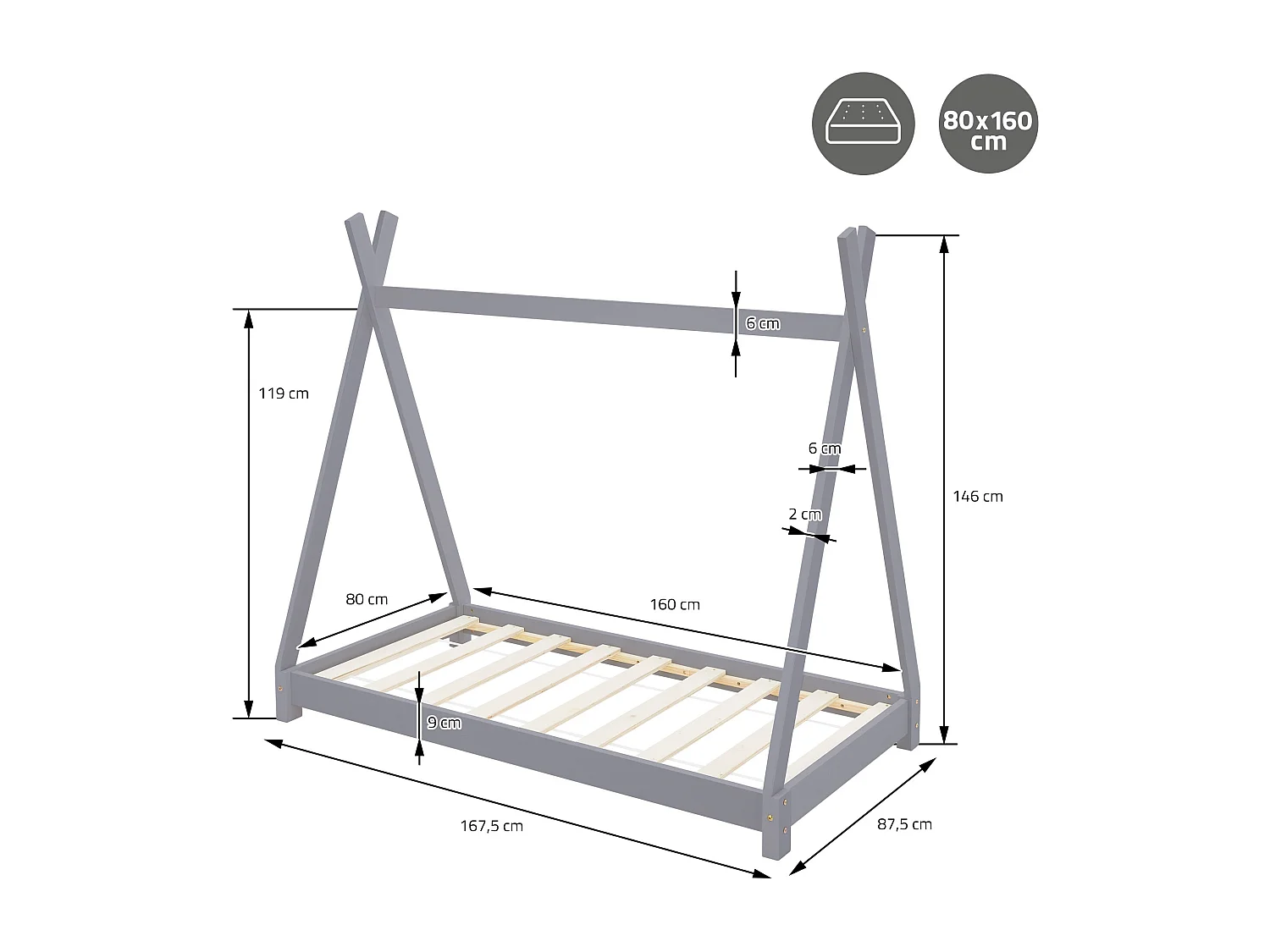 ML-Design Cama infantil tipi 80x160cm color gris claro con listones de madera de pino maciza mobiliario forma de casa tienda de campaña para niños