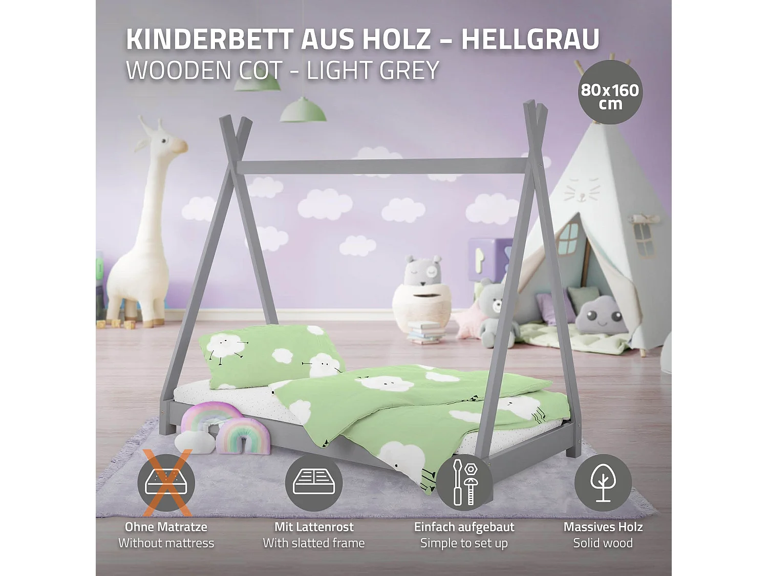 ML-Design Lettino per bambini tepee con rete a doghe 80x160 cm grigio chiaro letto basso a forma di tenda indiana per cameretta bimbi, legno pino