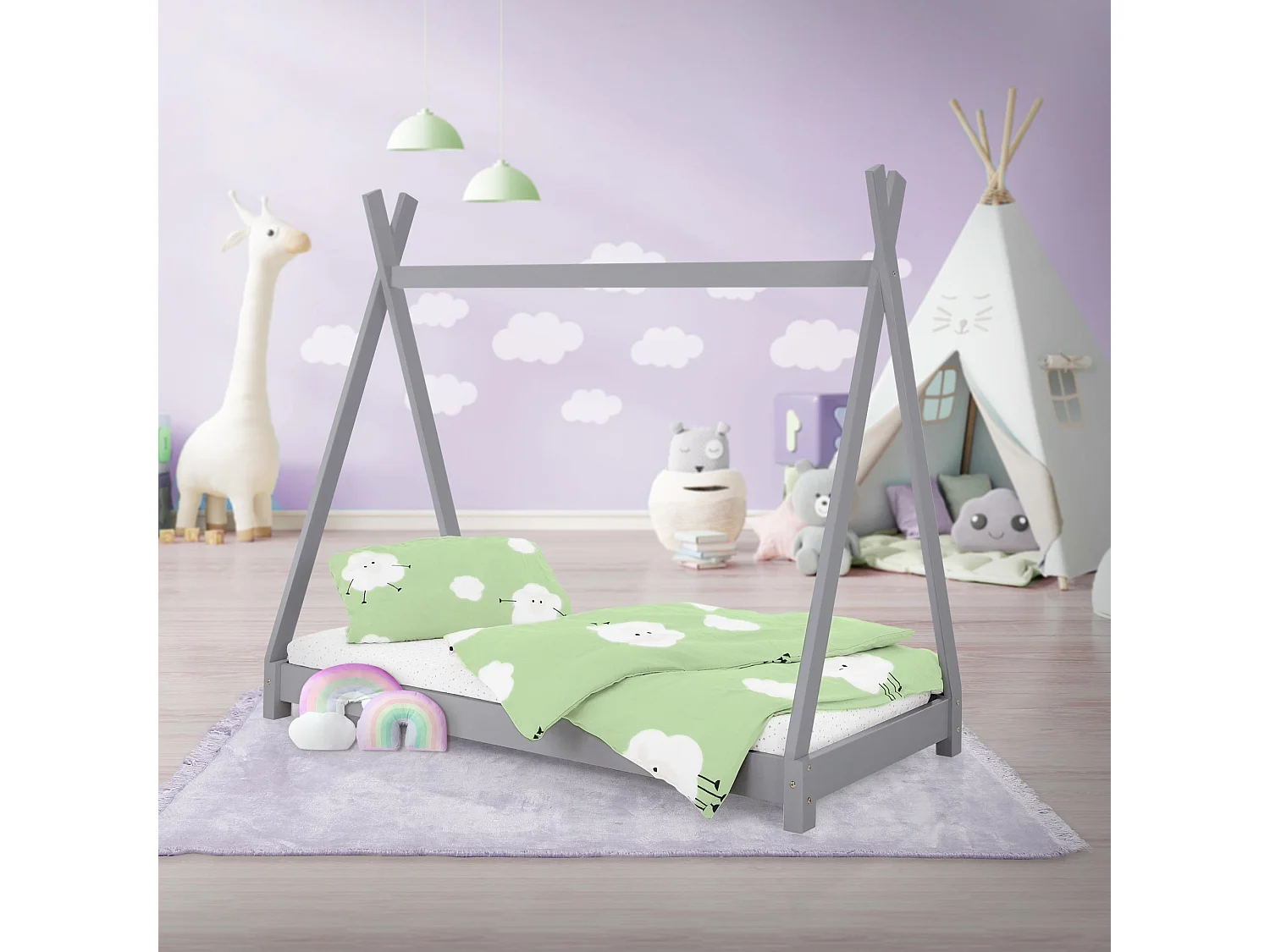 ML-Design Lettino per bambini tepee con rete a doghe 80x160 cm grigio chiaro letto basso a forma di tenda indiana per cameretta bimbi, legno pino