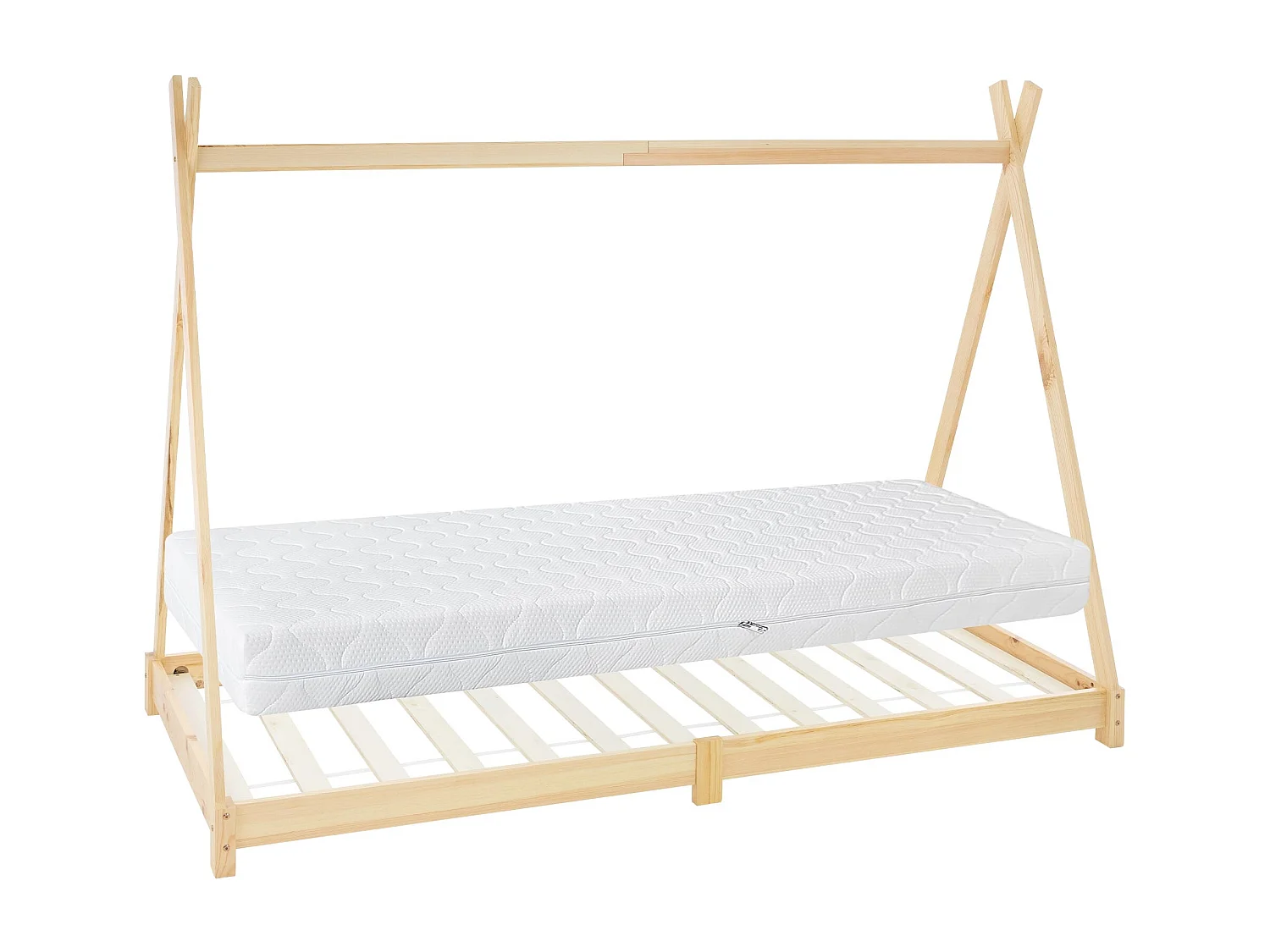 Lit d'enfants Tipi 90x200 cm naturel style indien bois de pin massif avec matelas H:16 cm housse amovible sommier à lattes d'intérieur filles garçons
