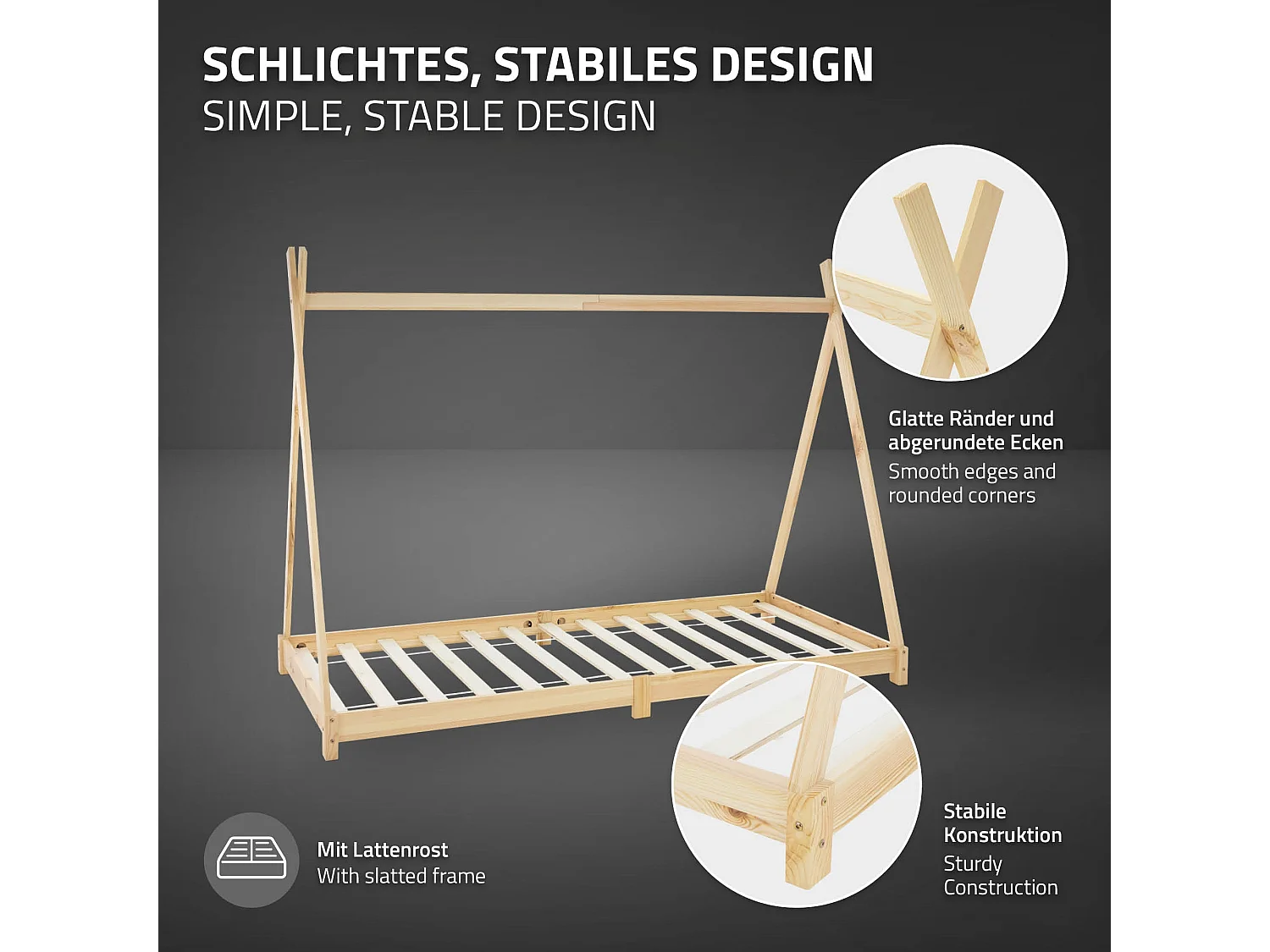 Lit d'enfants Tipi 90x200 cm naturel style indien bois de pin massif avec matelas H:16 cm housse amovible sommier à lattes d'intérieur filles garçons