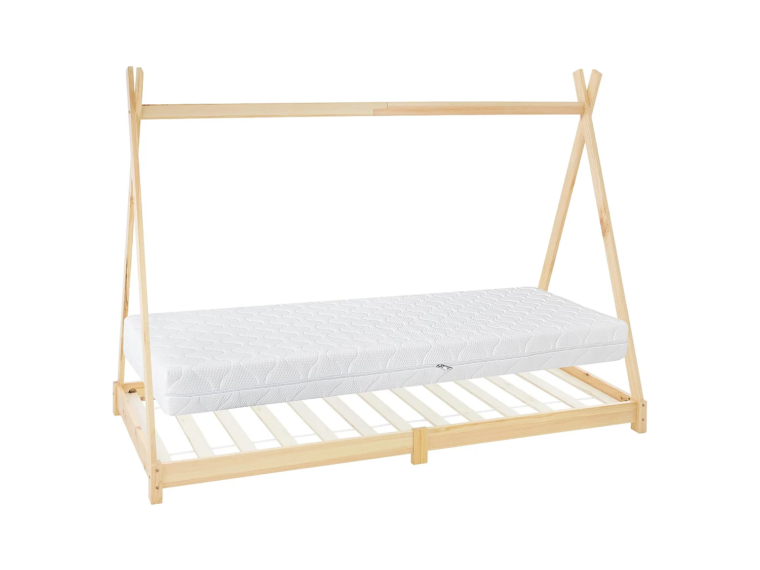 Lit d'enfants Tipi 90x200 cm naturel style indien bois de pin massif avec matelas H:16 cm housse amovible sommier à lattes d'intérieur filles garçons