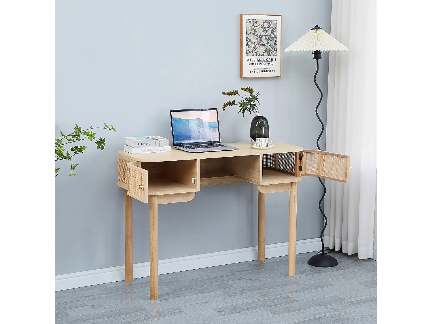 Bureau 2 portes en bois et cannage