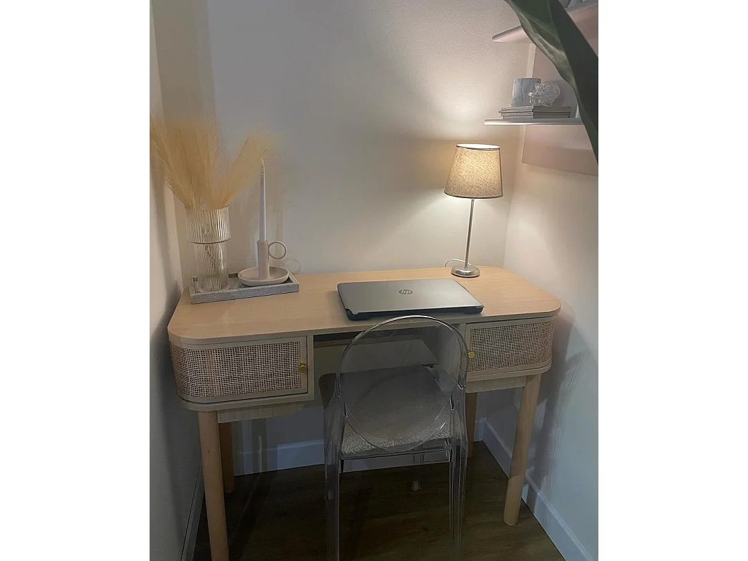Bureau 2 portes en bois et cannage