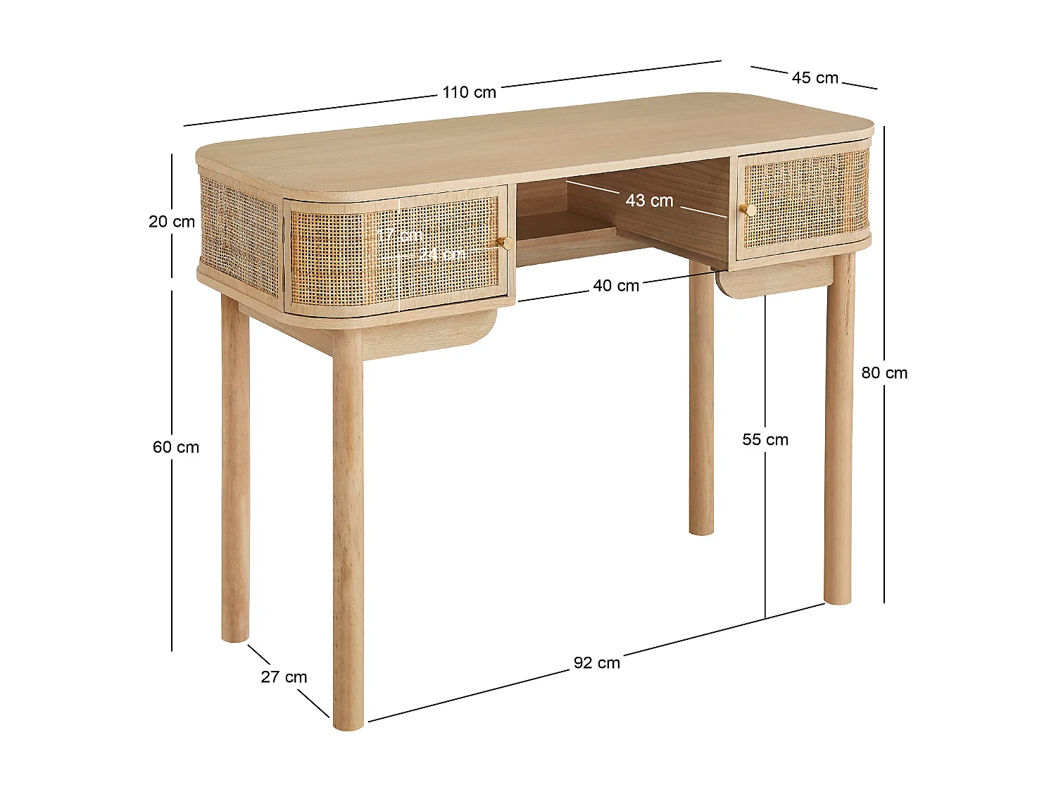 Bureau 2 portes en bois et cannage