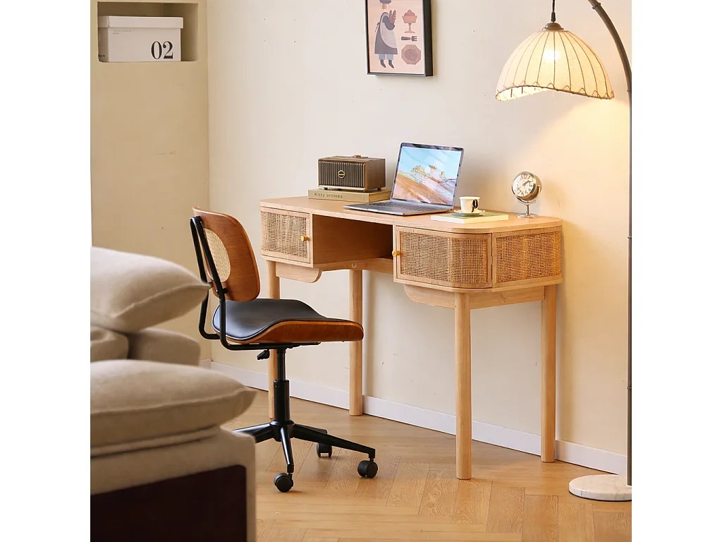 Bureau 2 portes en bois et cannage