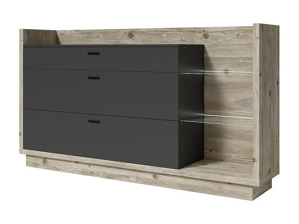 Design-Buffet XL 200cm. Kollektion CORK mit 3 Schubladen und Regalen. Farbe Kiefer und Anthrazitgrau.