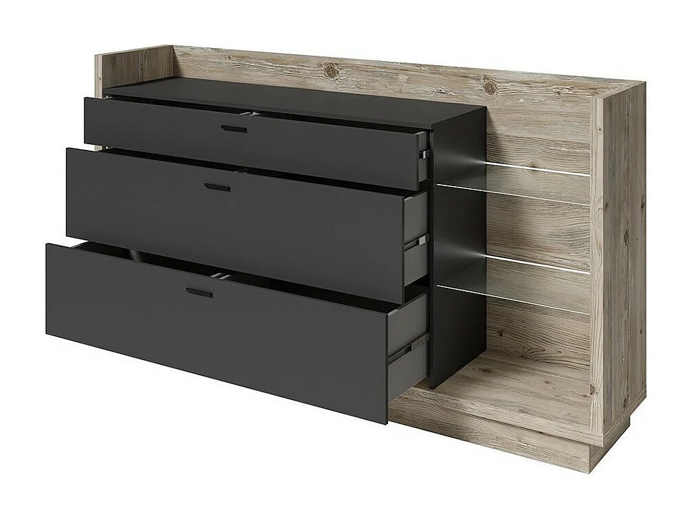 Design-Buffet XL 200cm. Kollektion CORK mit 3 Schubladen und Regalen. Farbe Kiefer und Anthrazitgrau.