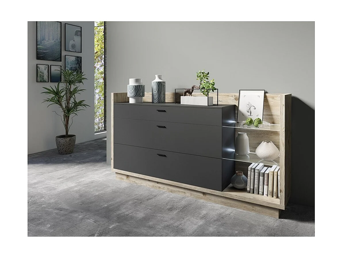 Design-Buffet XL 200cm. Kollektion CORK mit 3 Schubladen und Regalen. Farbe Kiefer und Anthrazitgrau.