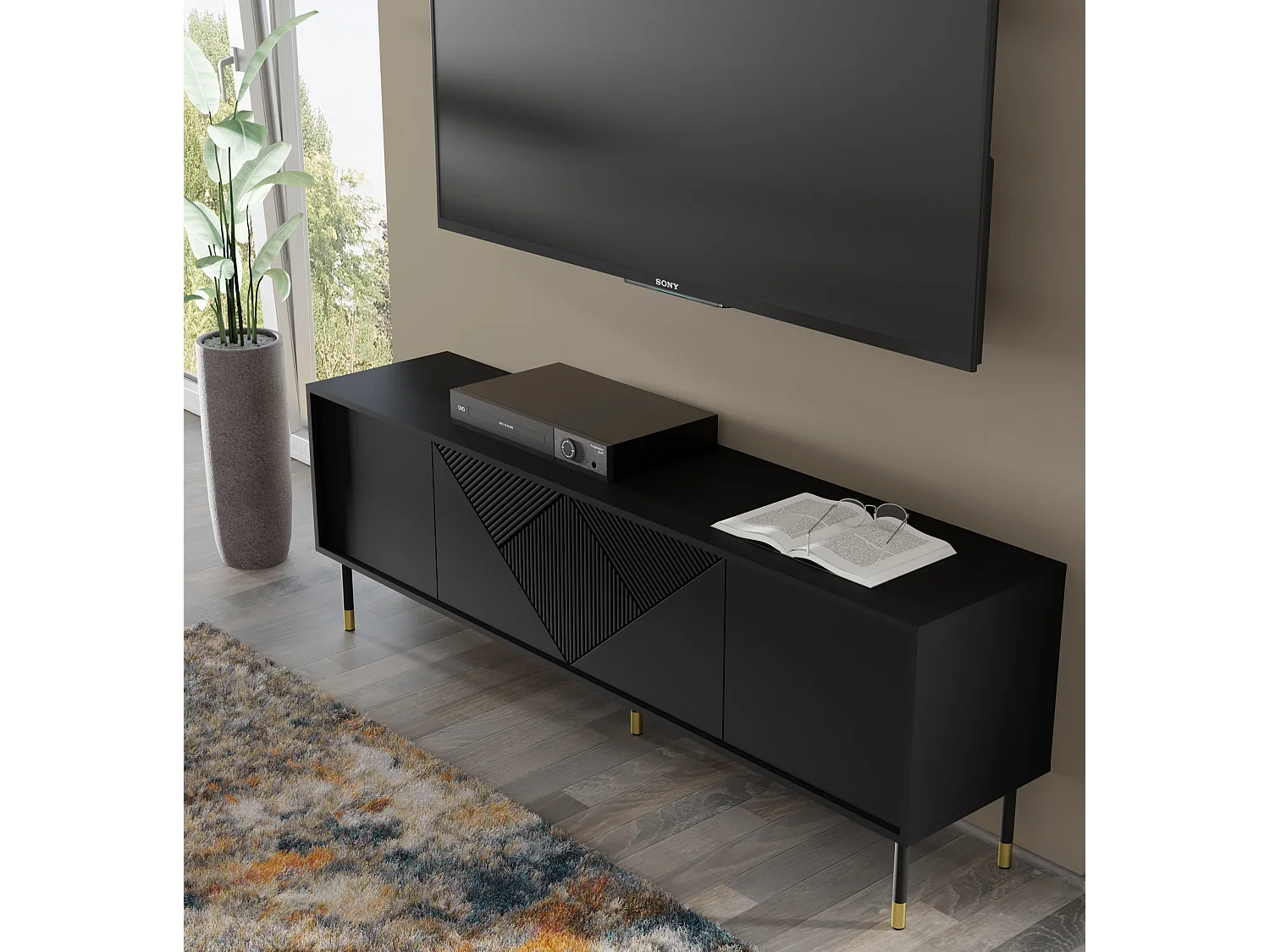 Mueble de TV WOODY BLACK 4D 180 cm fresado negro mate