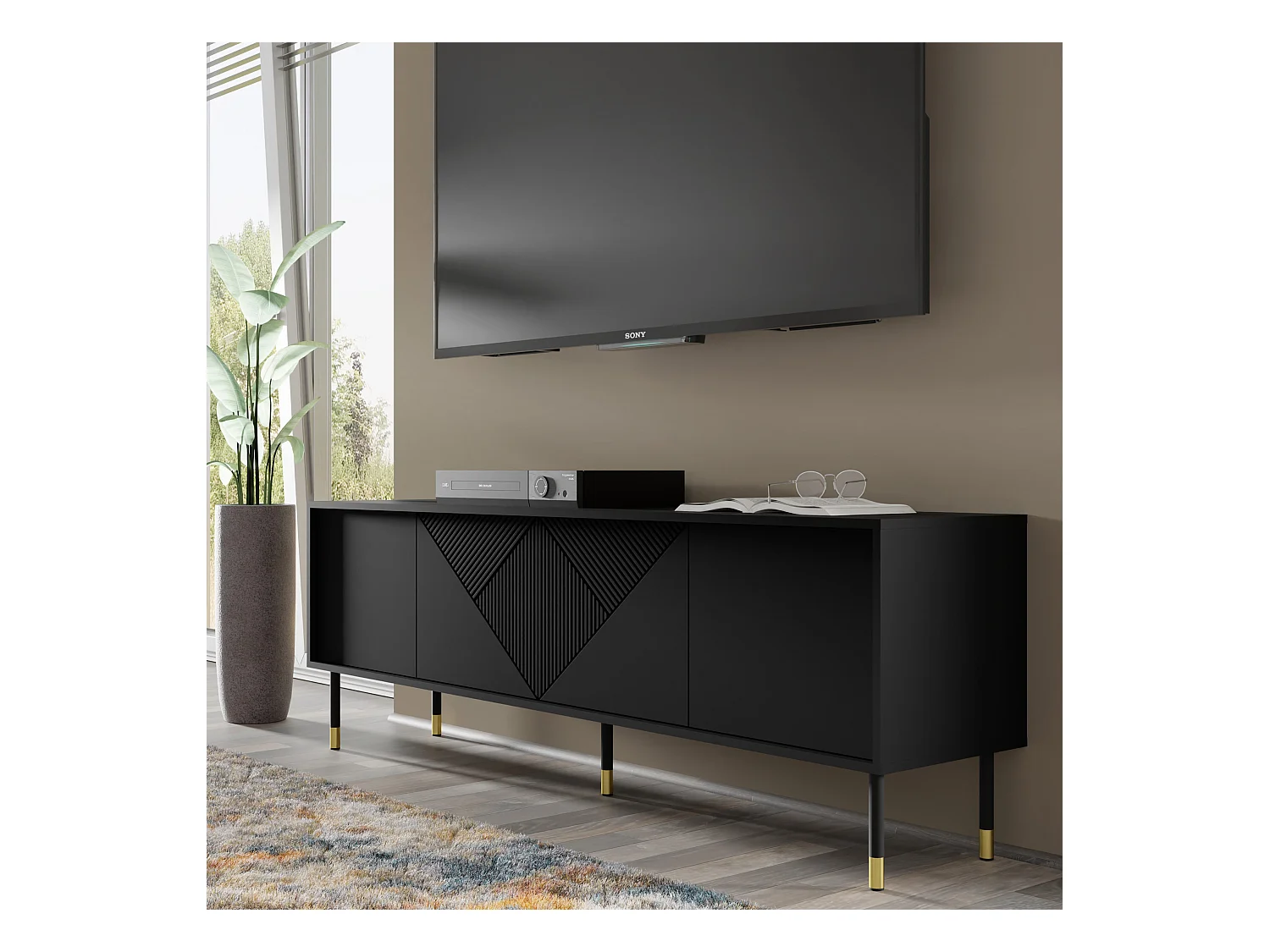 TV-meubel WOODY BLACK 4D 180 cm gefreesd mat zwart