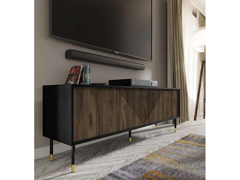 Meuble TV WOODY PACIFIC 4D 180 cm fraisé sur pieds noir mat / noix pacific