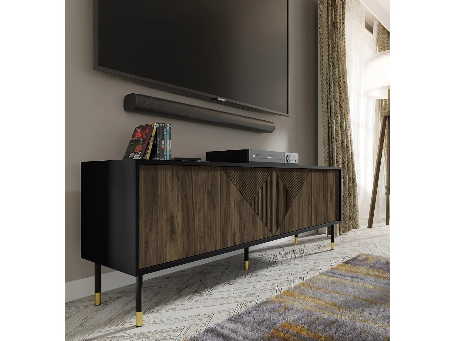 TV Schrank WOODY PACIFIC 4D 180 cm gefräst Schwarz Matt / Pacific Walnuss