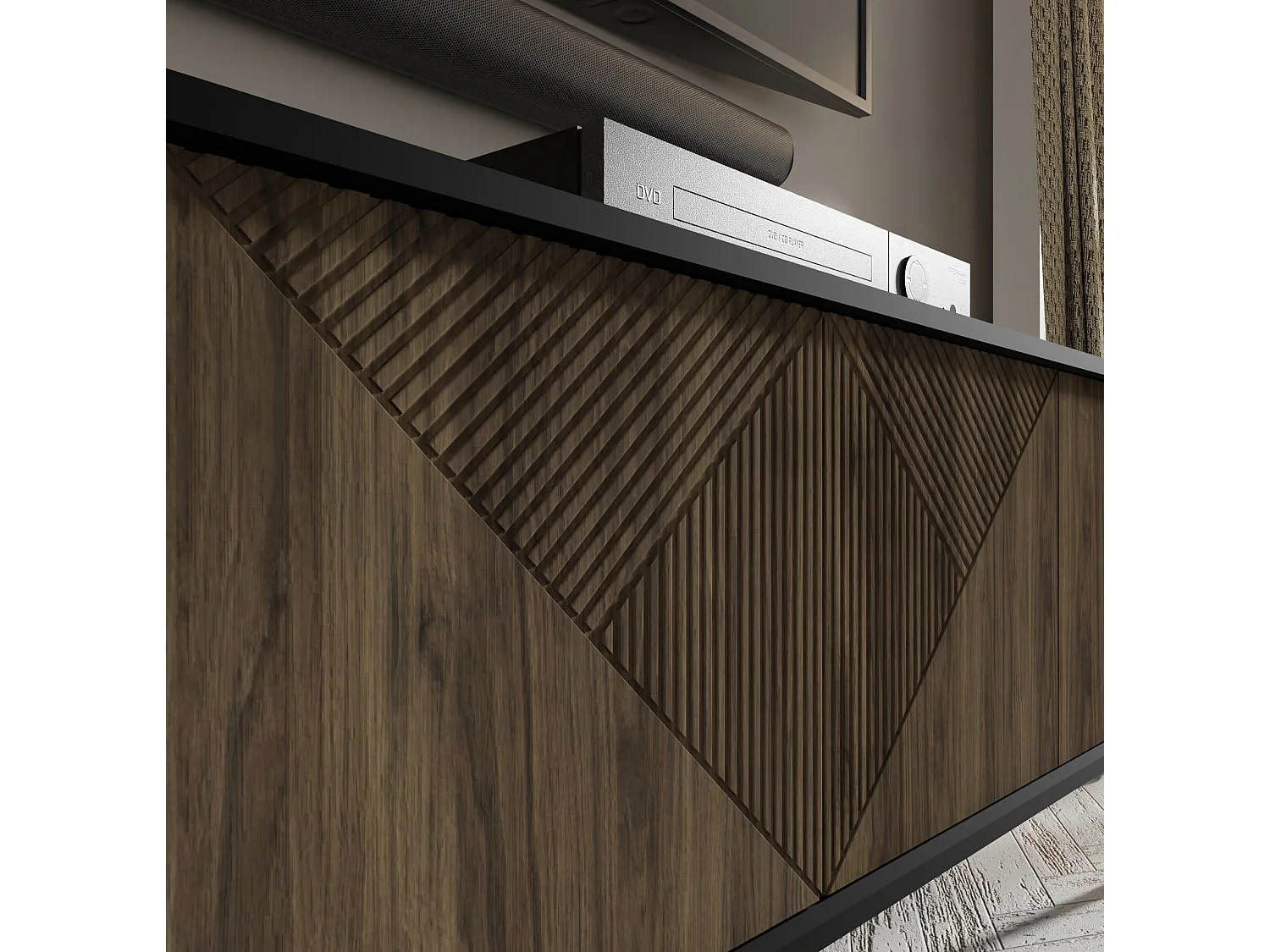 TV Schrank WOODY PACIFIC 4D 180 cm gefräst Schwarz Matt / Pacific Walnuss