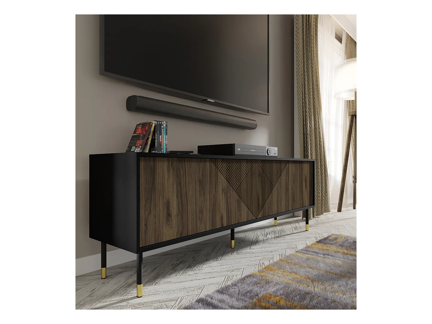 Meuble TV WOODY PACIFIC 4D 180 cm fraisé sur pieds noir mat / noix pacific