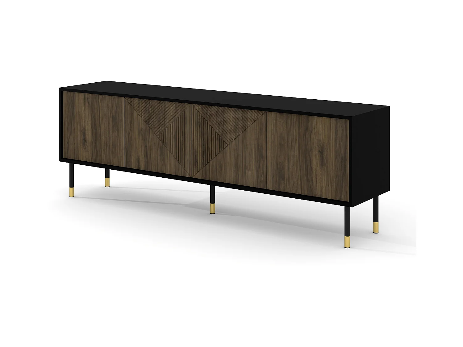 Meuble TV WOODY PACIFIC 4D 180 cm fraisé sur pieds noir mat / noix pacific