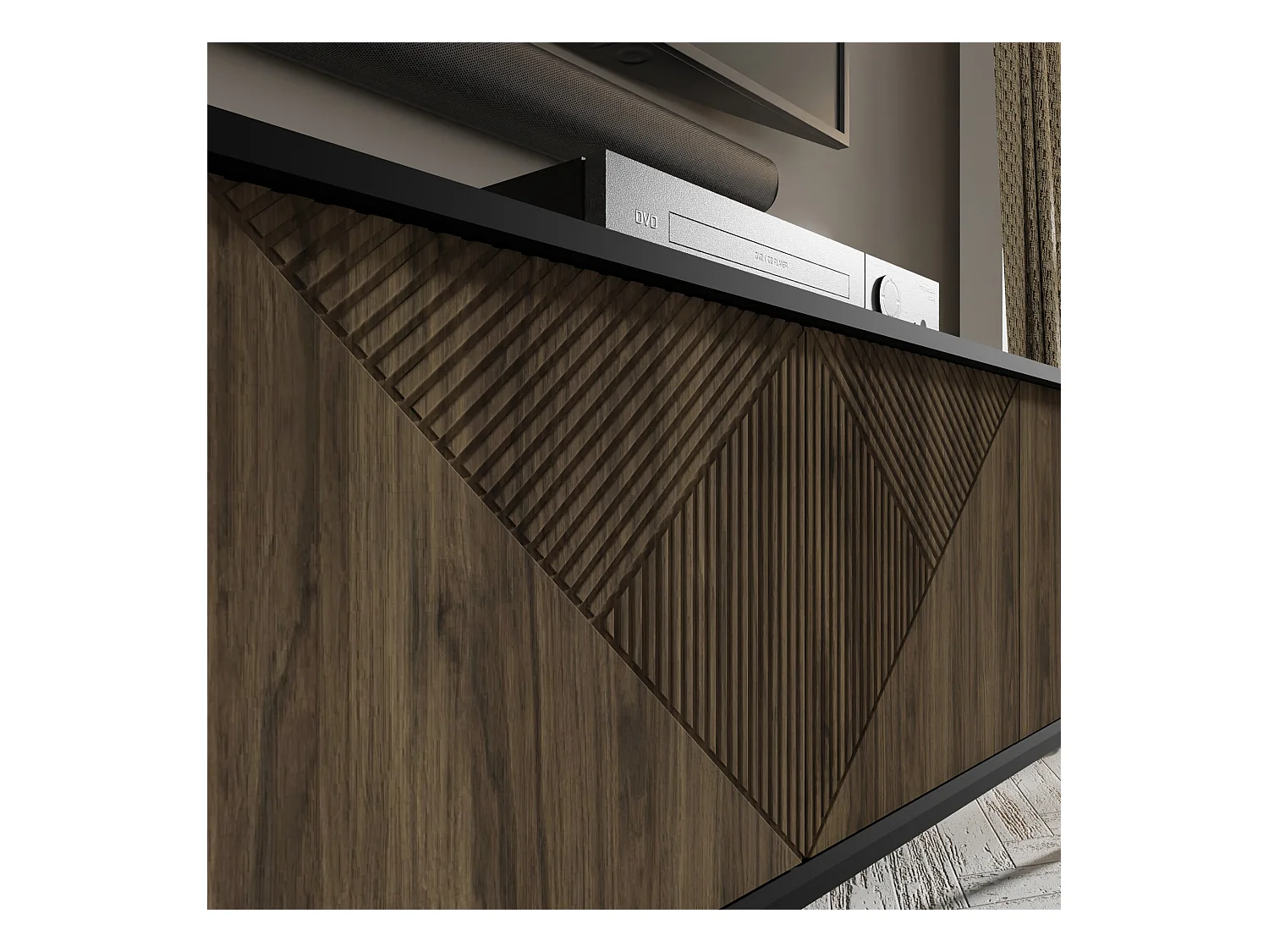 Meuble TV WOODY PACIFIC 4D 180 cm fraisé sur pieds noir mat / noix pacific