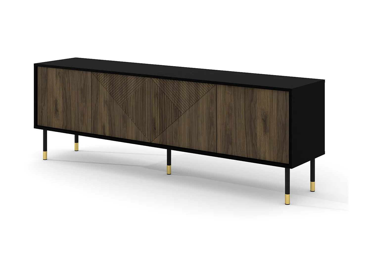 Meuble TV WOODY PACIFIC 4D 180 cm fraisé sur pieds noir mat / noix pacific