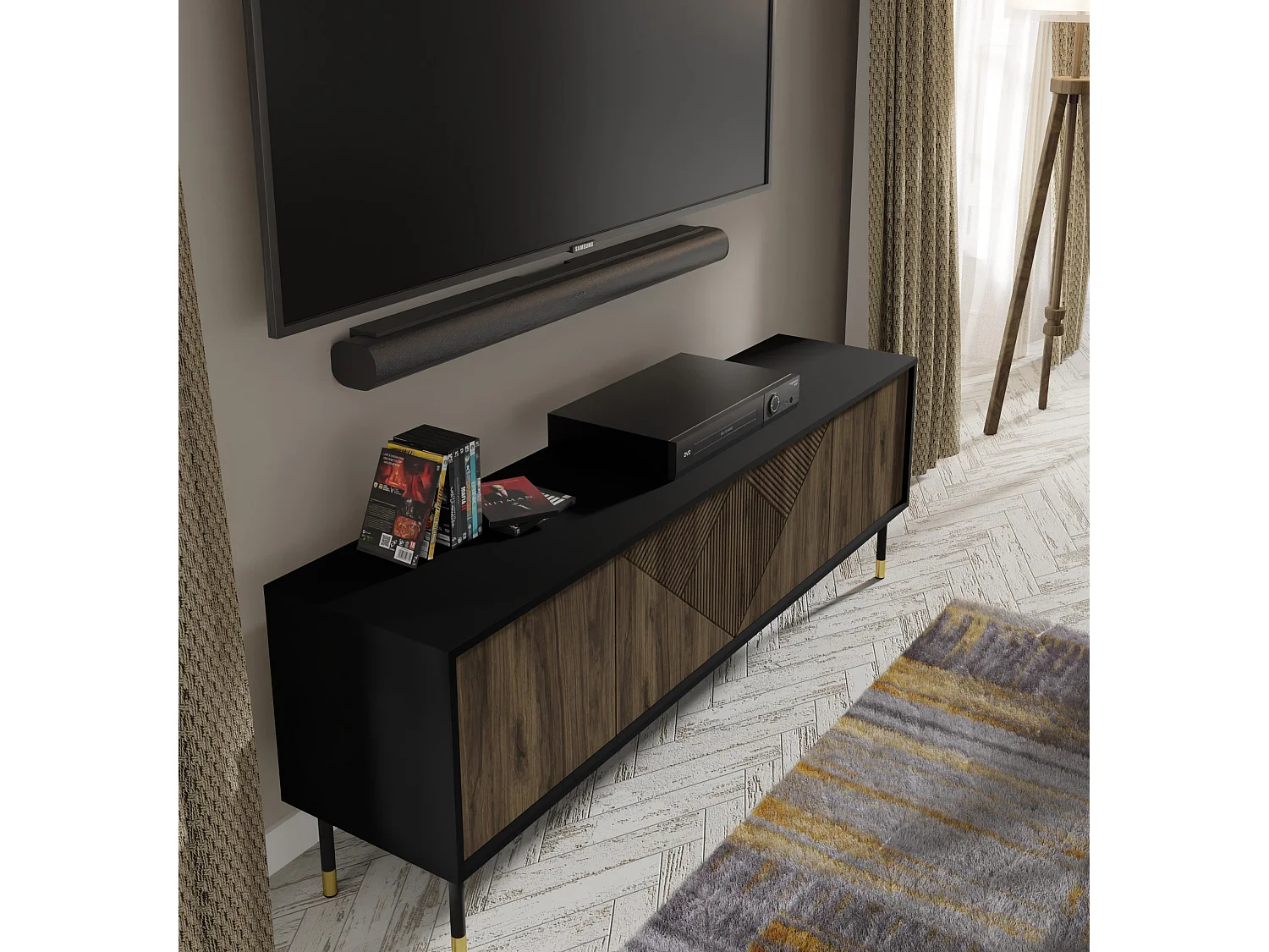 Meuble TV WOODY PACIFIC 4D 180 cm fraisé sur pieds noir mat / noix pacific