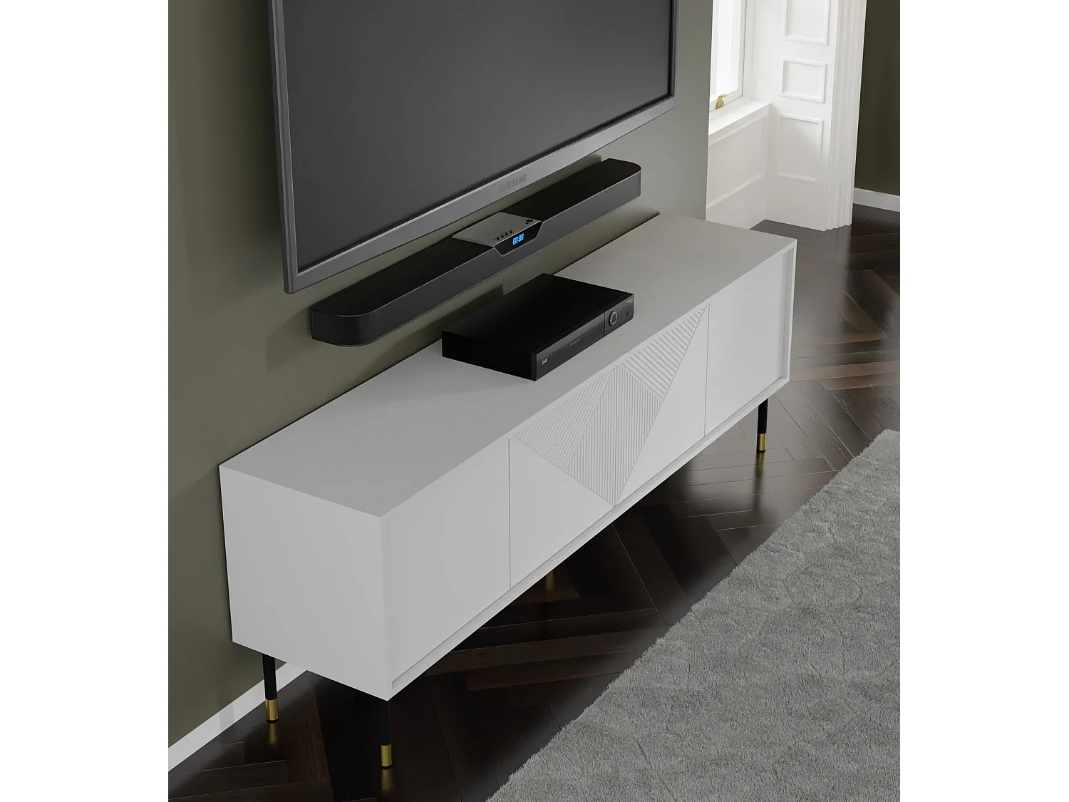 Mueble de TV WOODY WHITE 4D 180 cm fresado blanco mate