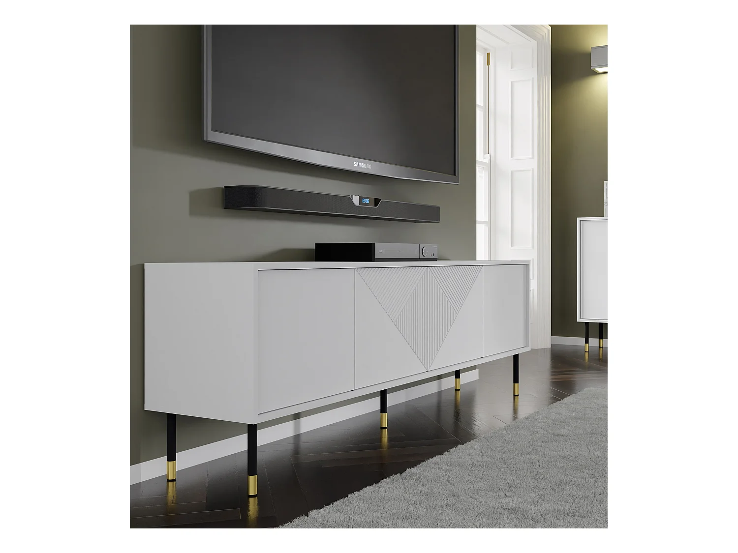 Meuble TV WOODY WHITE 4D 180 cm fraisé sur pieds blanc mat