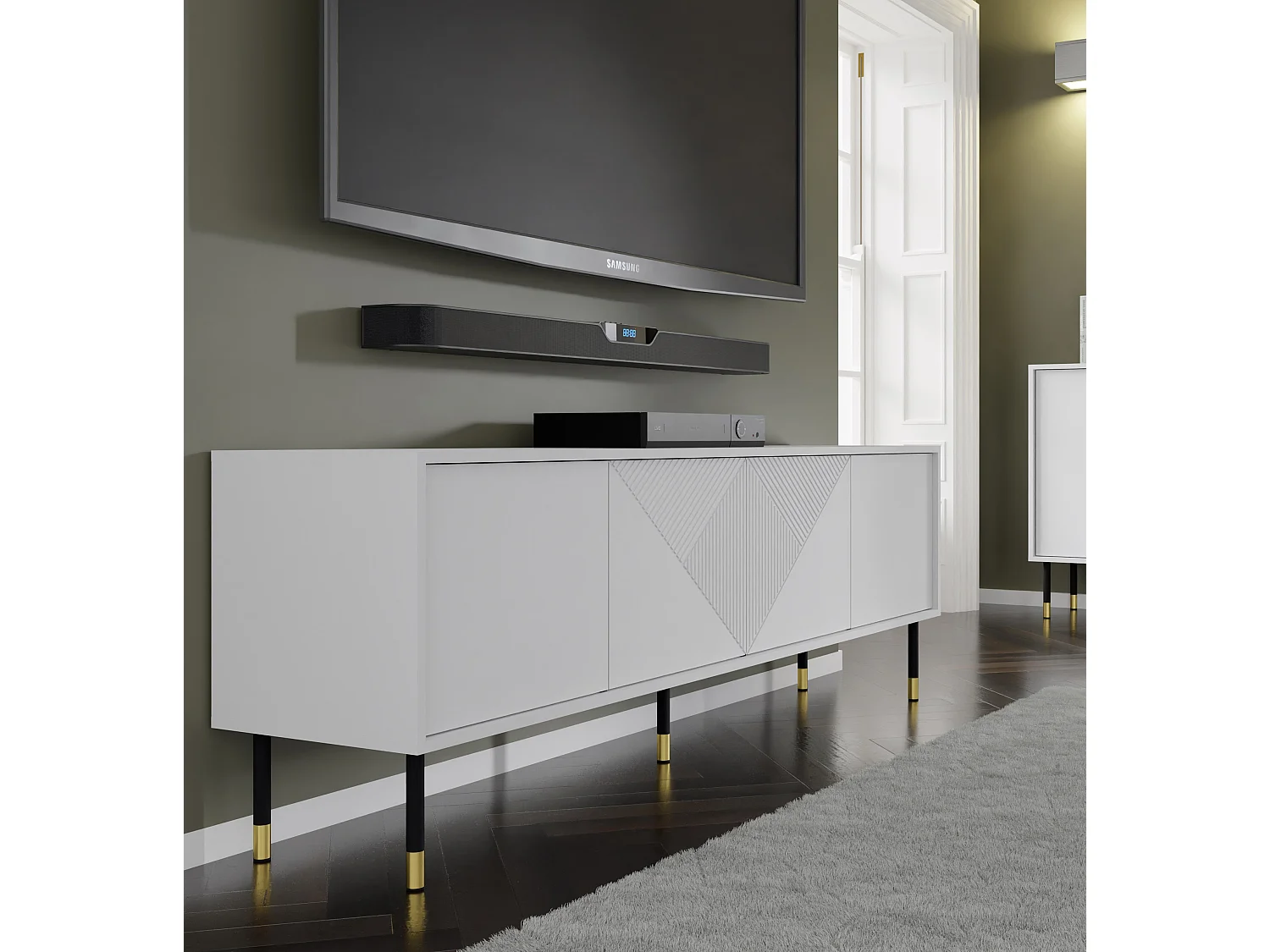Meuble TV WOODY WHITE 4D 180 cm fraisé sur pieds blanc mat