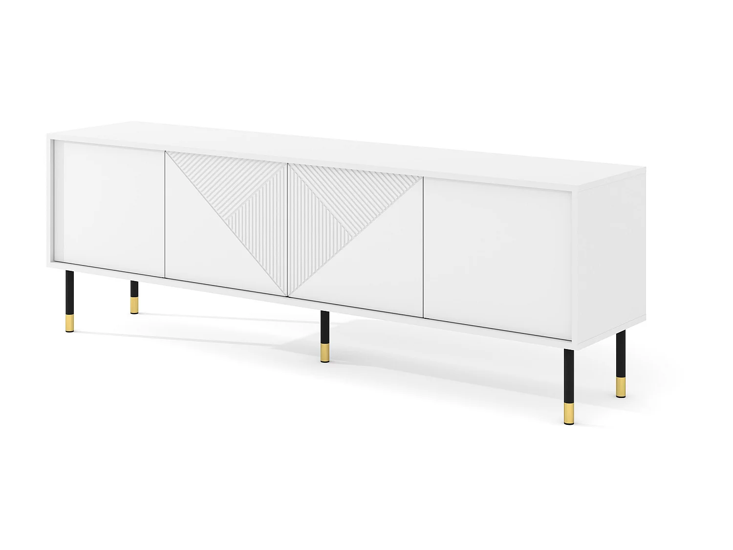 Meuble TV WOODY WHITE 4D 180 cm fraisé sur pieds blanc mat