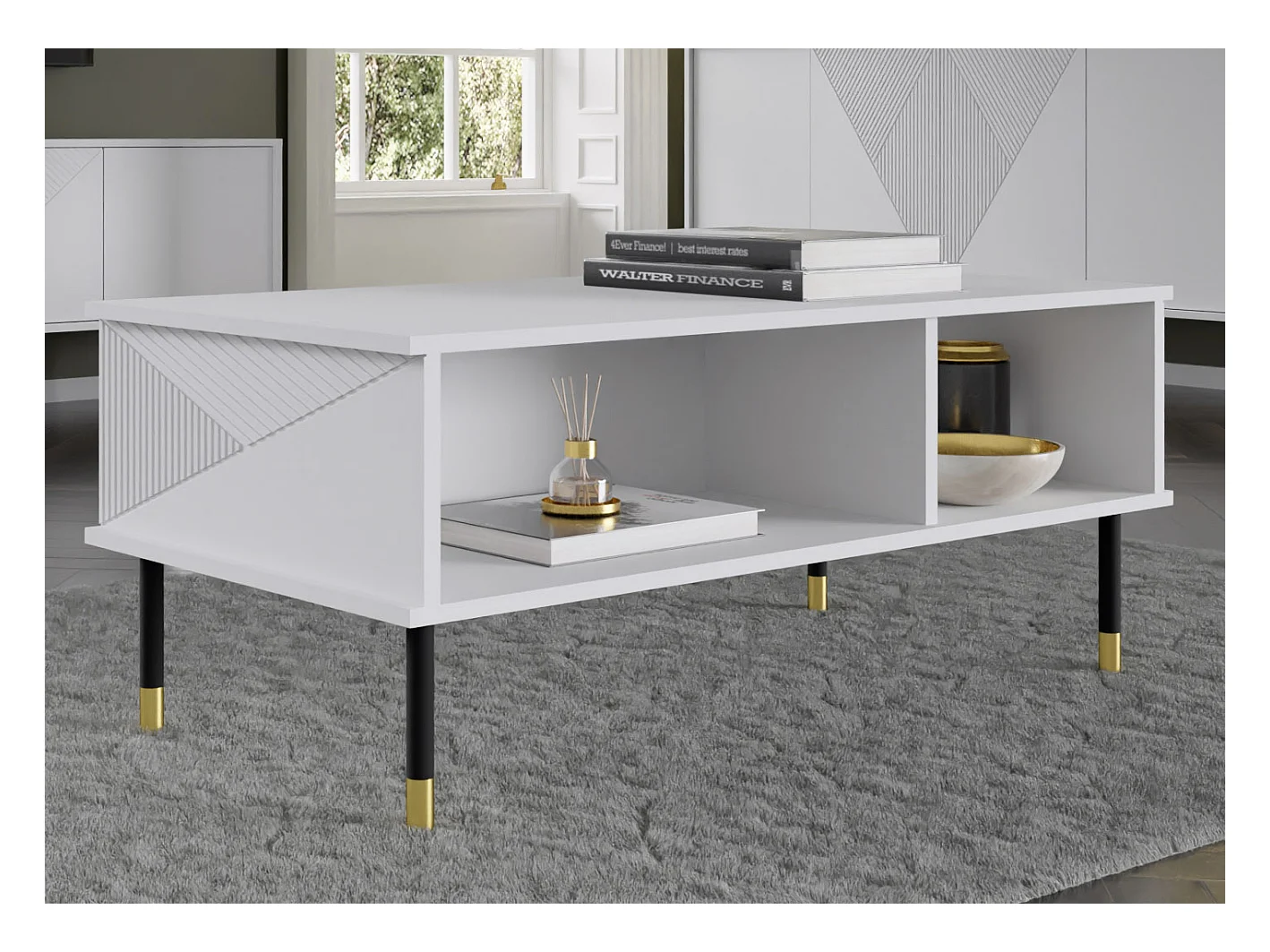 Table basse WOODY WHITE 110x55 cm fraisé sur pieds blanc mat