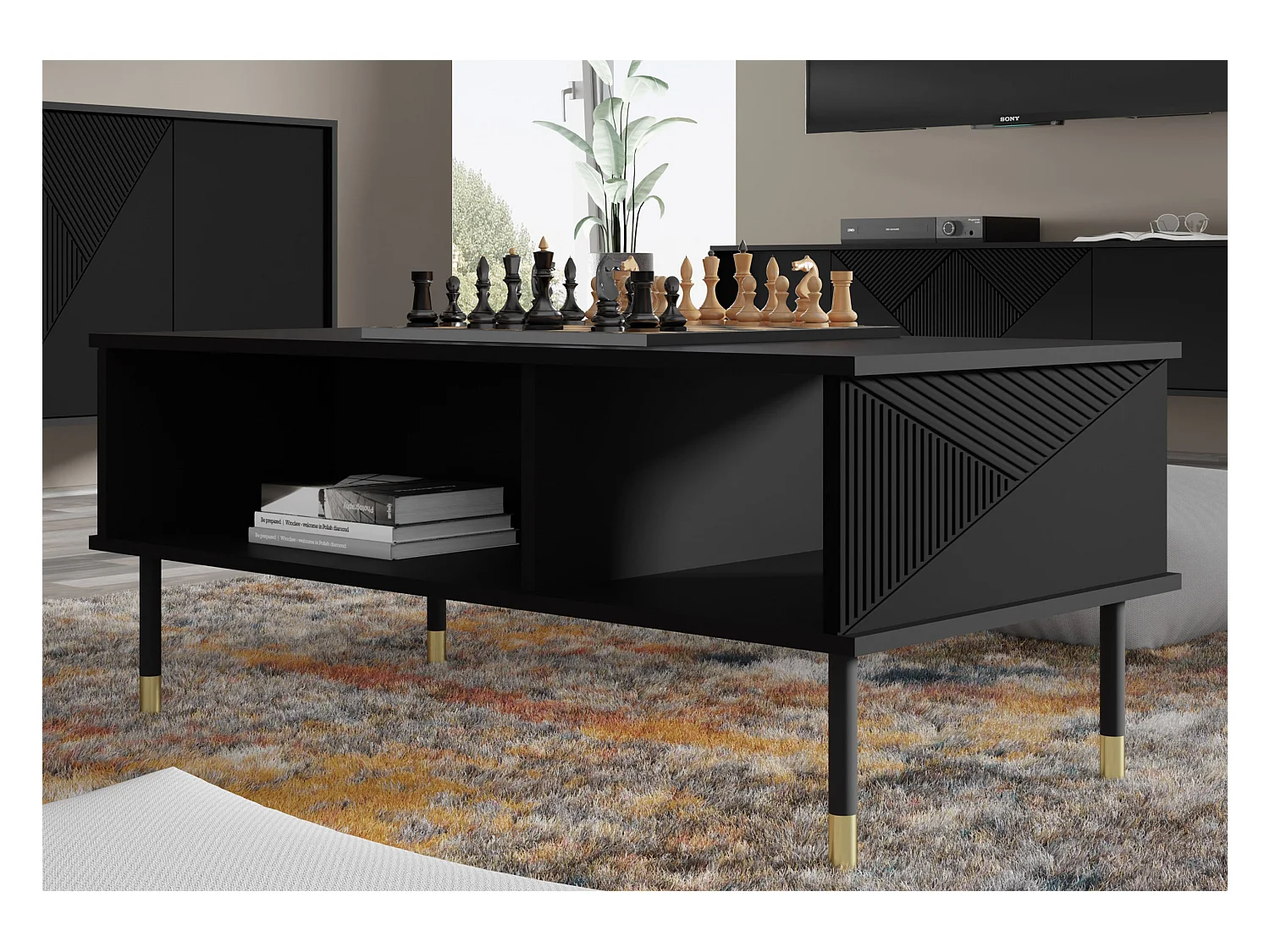 Table basse WOODY BLACK 110x55 cm fraisé sur pieds noir mat