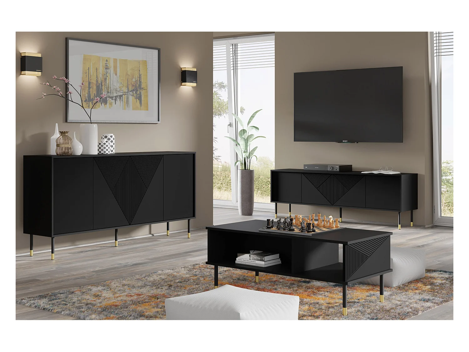 Mesa de centro WOODY BLACK 110x55 cm fresado negro mate