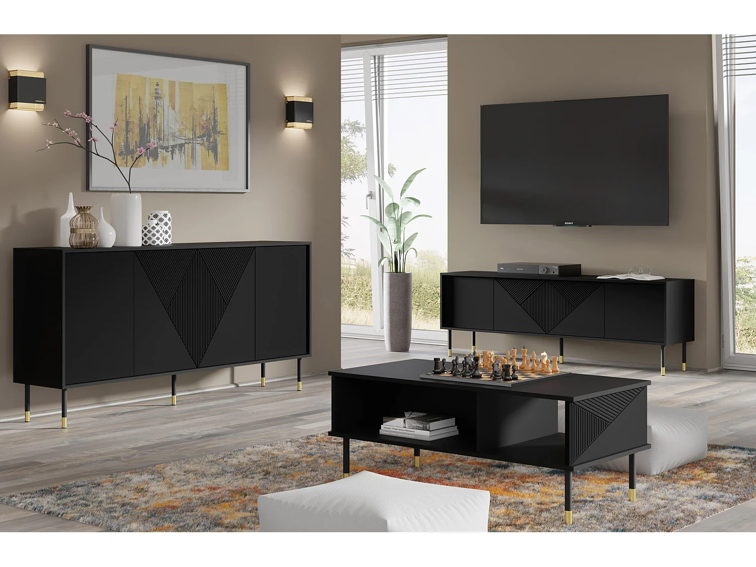 Salontafel WOODY BLACK 110x55 cm gefreesd mat zwart