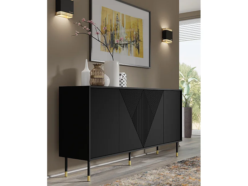 Kommode WOODY BLACK 4D 180 cm gefräst Schwarz Matt