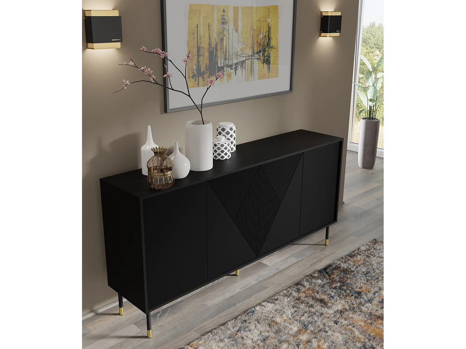 Ladenkast WOODY BLACK 4D 180 cm gefreesd mat zwart