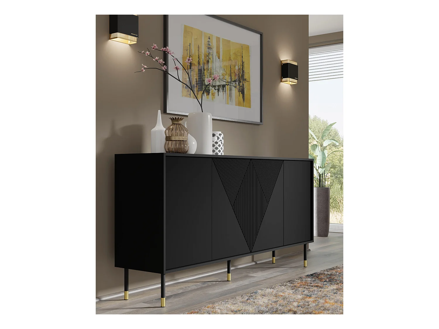 Commode WOODY BLACK 4D 180 cm fraisé sur pieds noir mat