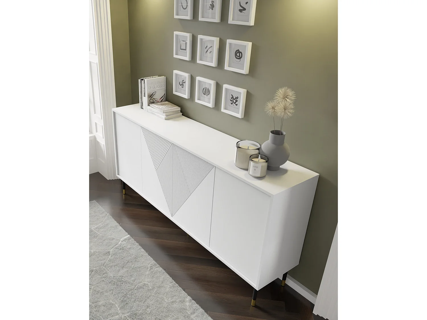 Kommode WOODY WHITE 4D 180 cm gefräst Weiß Matt