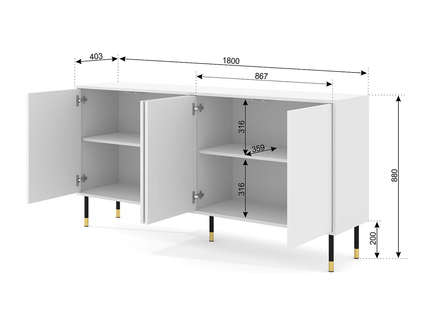 Kommode WOODY WHITE 4D 180 cm gefräst Weiß Matt
