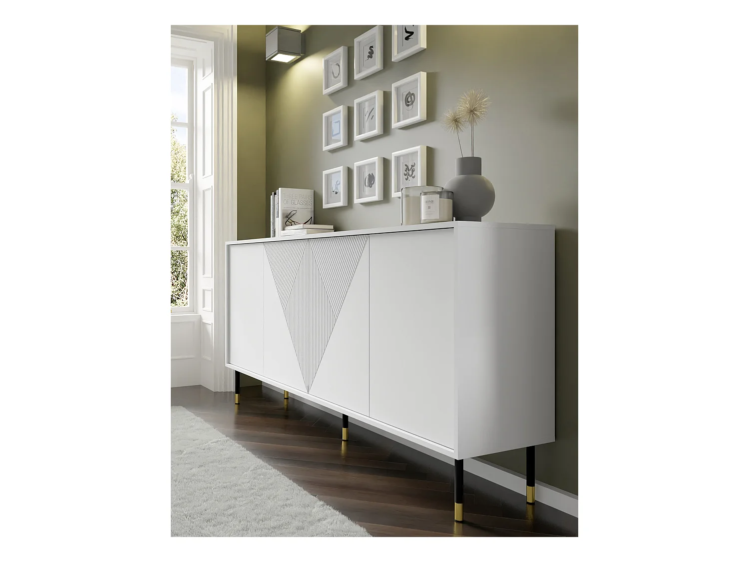 Commode WOODY WHITE 4D 180 cm fraisé sur pieds blanc mat
