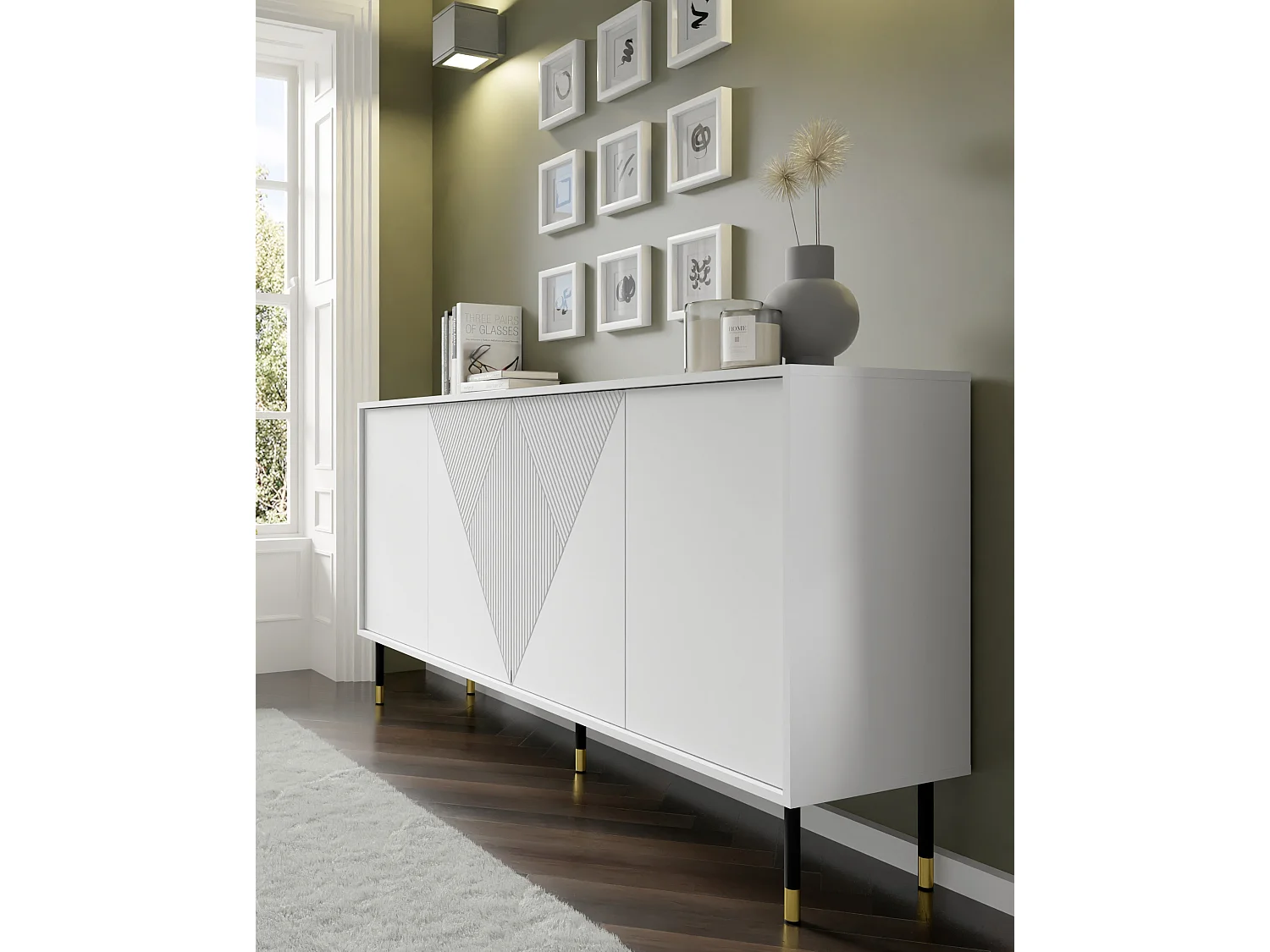 Commode WOODY WHITE 4D 180 cm fraisé sur pieds blanc mat