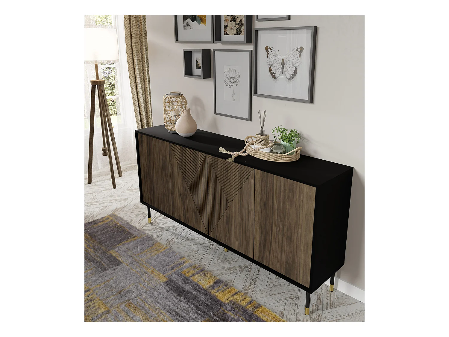 Commode WOODY PACIFIC 4D 180 cm fraisé sur pieds noir mat / noix pacific