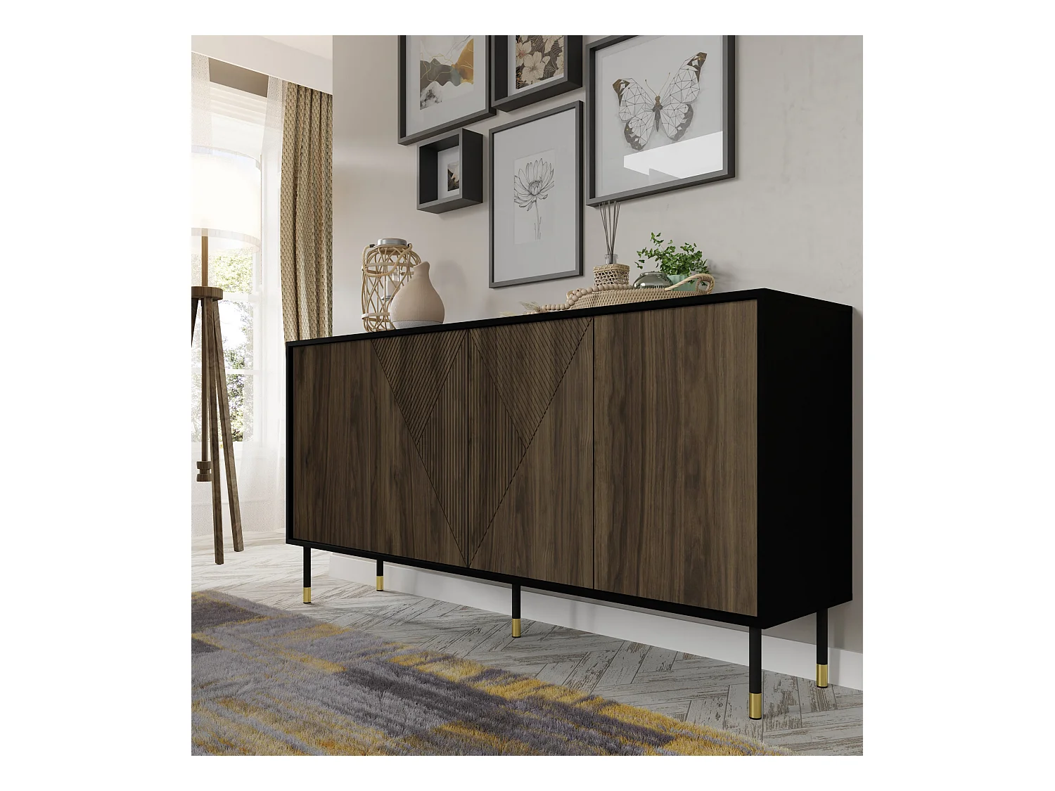 Kommode WOODY PACIFIC 4D 180 cm gefräst Schwarz Matt / Pacific Walnuss