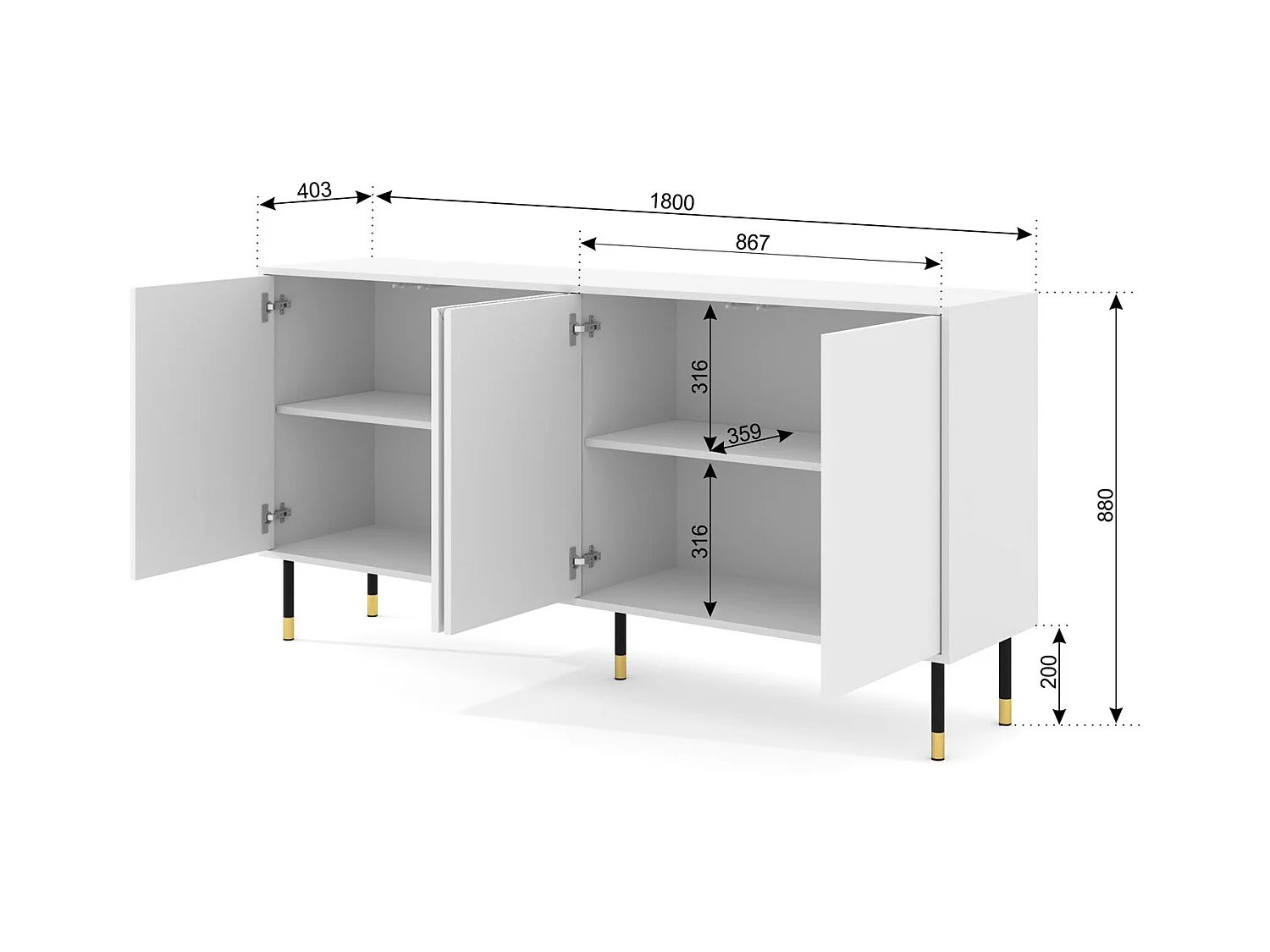 Kommode WOODY PACIFIC 4D 180 cm gefräst Schwarz Matt / Pacific Walnuss
