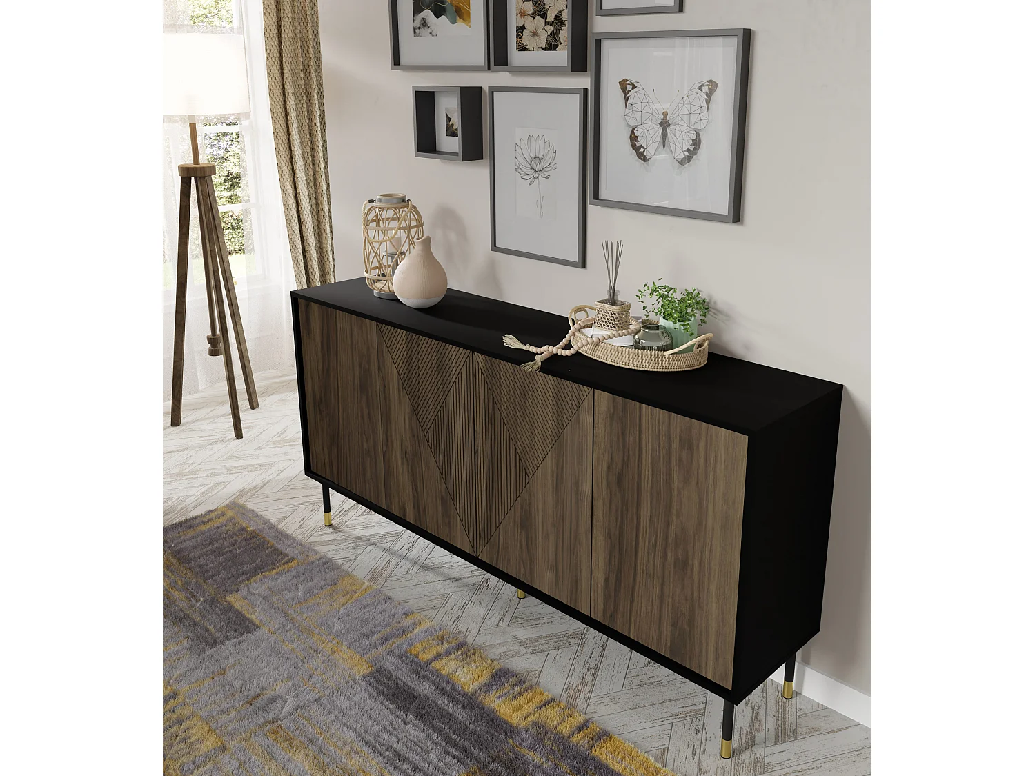 Ladenkast WOODY PACIFIC 4D 180 cm gefreesd mat zwart / pacific noot