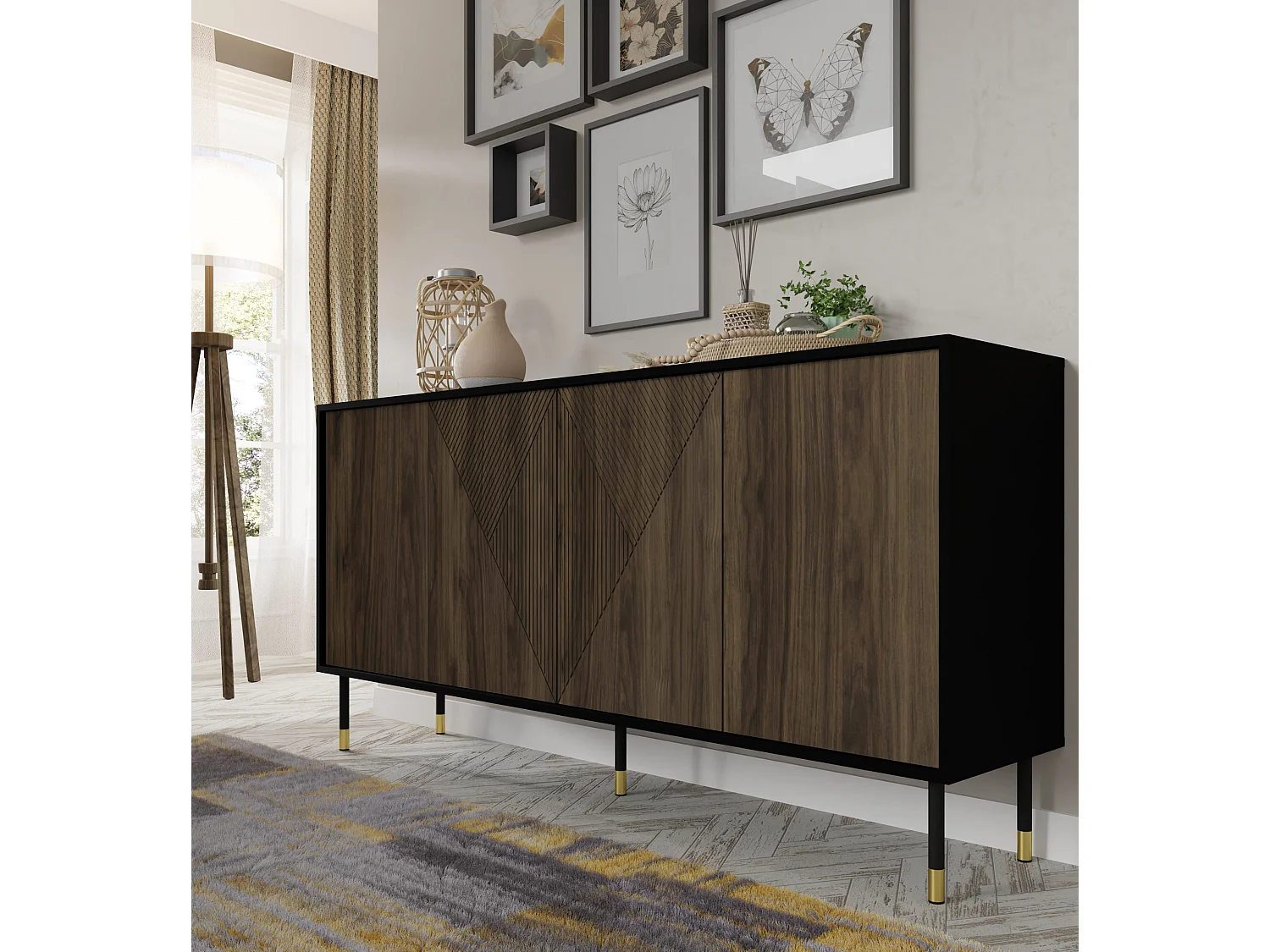 Ladenkast WOODY PACIFIC 4D 180 cm gefreesd mat zwart / pacific noot