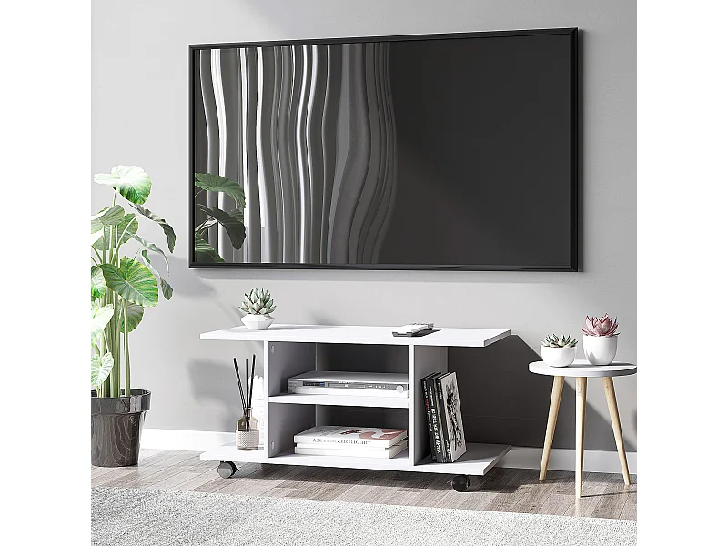 Meuble TV bas à roulettes avec étagère panneaux de particules blanc