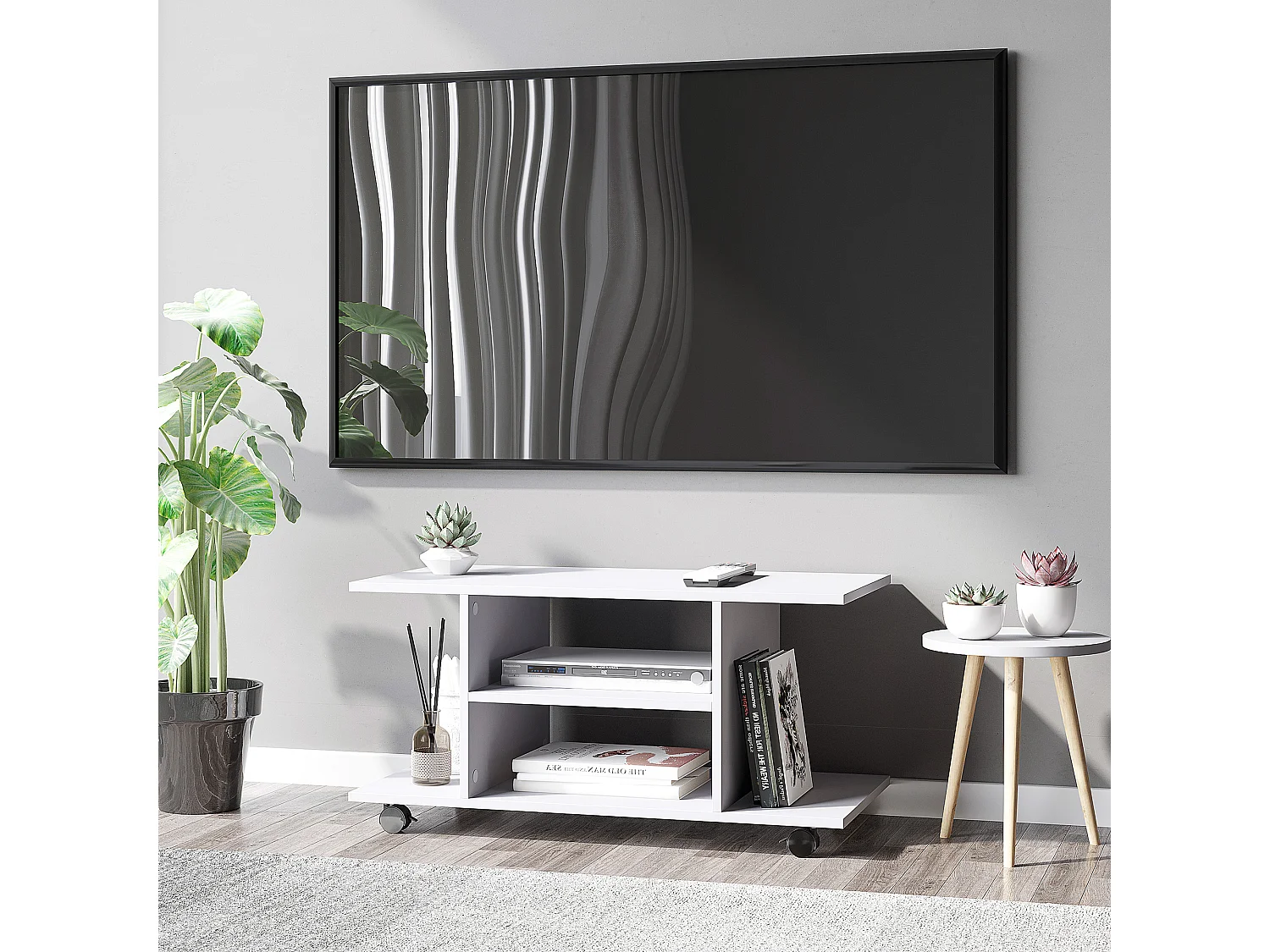 Meuble TV bas à roulettes avec étagère panneaux de particules blanc